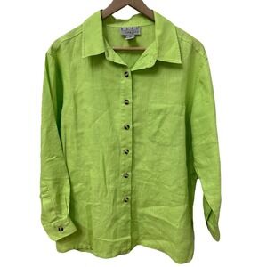 Real Comfort Linen Shirt PL Lime Green Long Sleeve Button Down 100% Linen Top